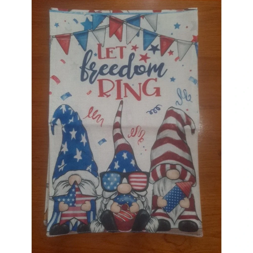 NEW 1pc Double Sided Let Freedom Ring 4th Of July 3 Gnomes Garden Flag 12x18